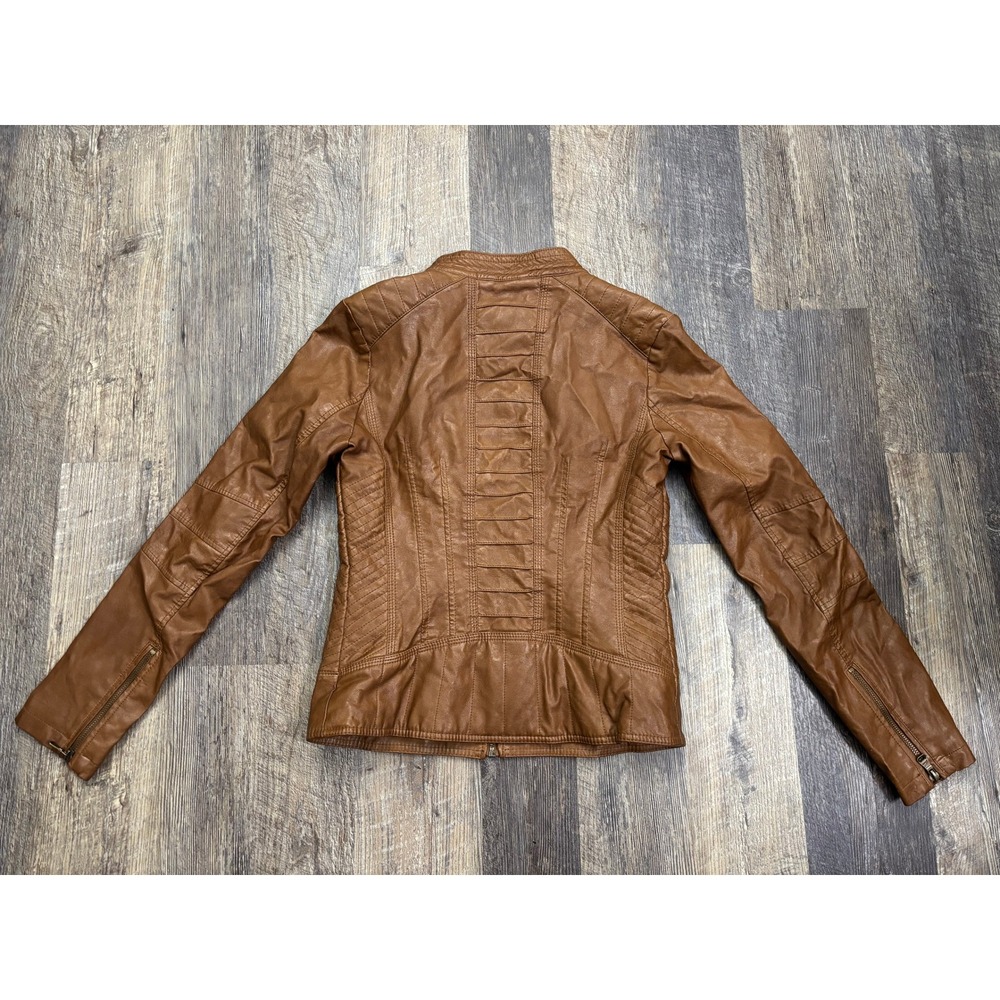 Guess Los Angeles Womens Faux Leather Moto Jacket Cognac Brown Quilted Zip S - Picture 6 of 6